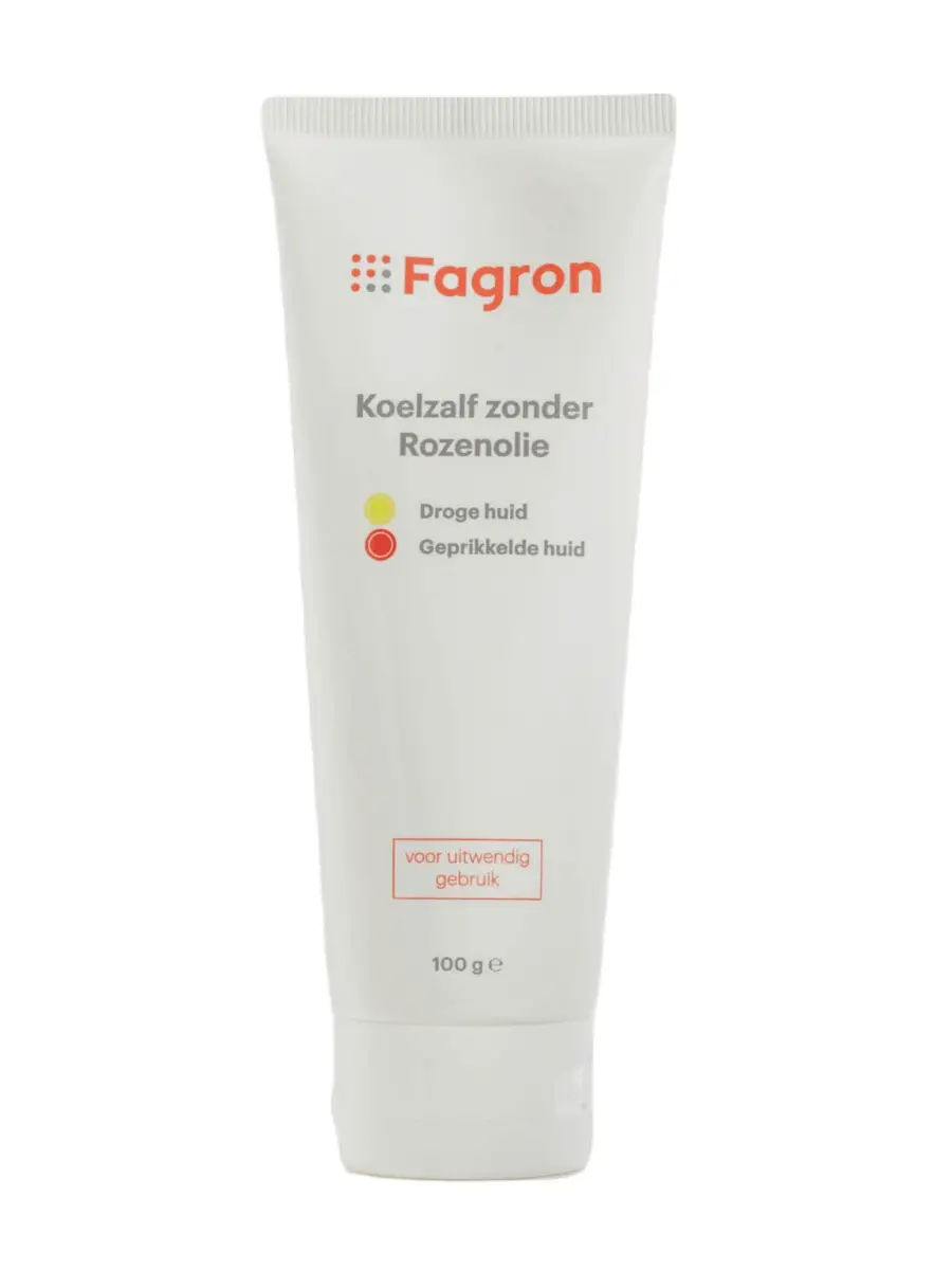 Tube Fagron Koelzalf zonder rozenolie – geurloze, vetrijke zalf voor de droge en gevoelige huid.